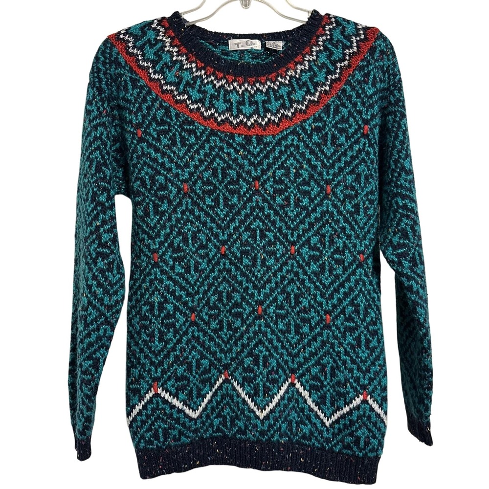 T.Q. Geometric Fair Isle Sweater Womens Medium Teal Vintage Nordic Knit
